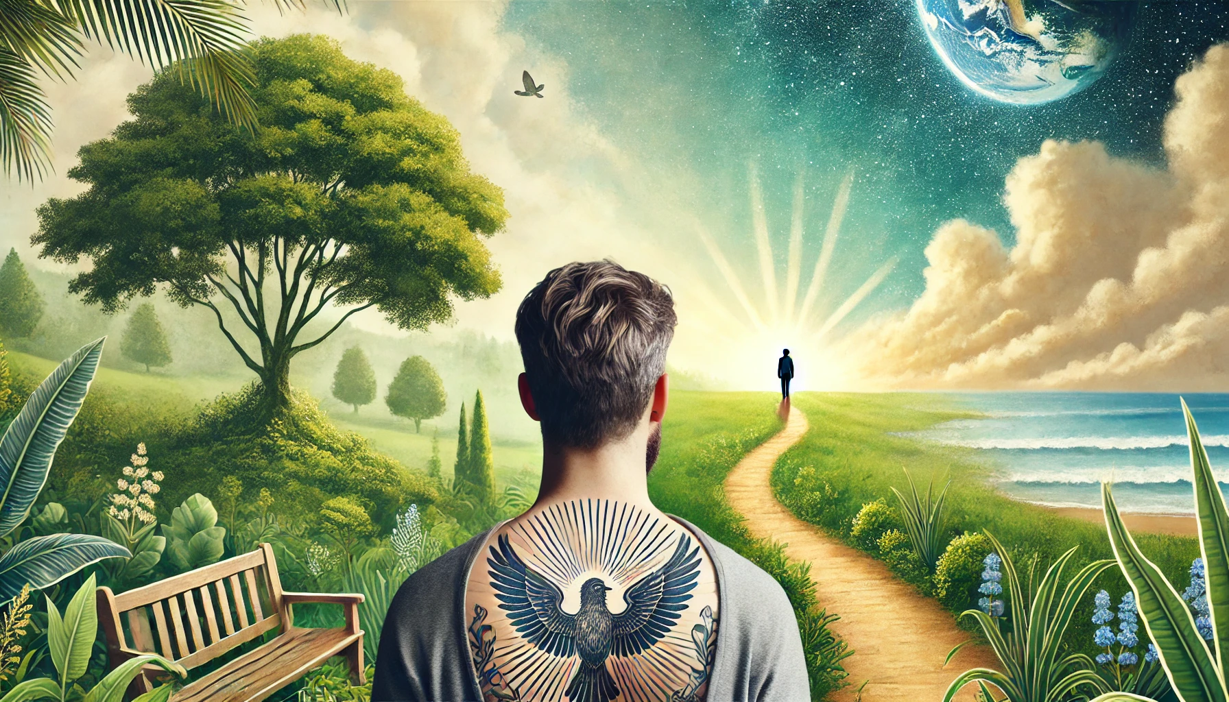 A man with his back tattooed, standing in a hopeful landscape background.