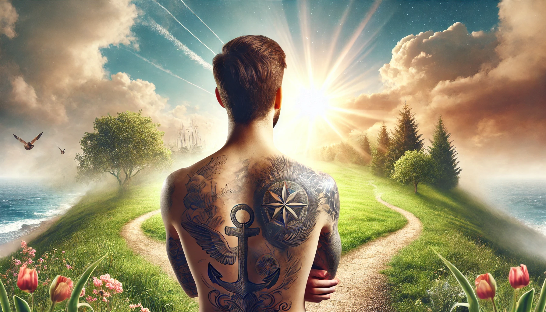 A man with his back tattooed, standing in a hopeful landscape background.