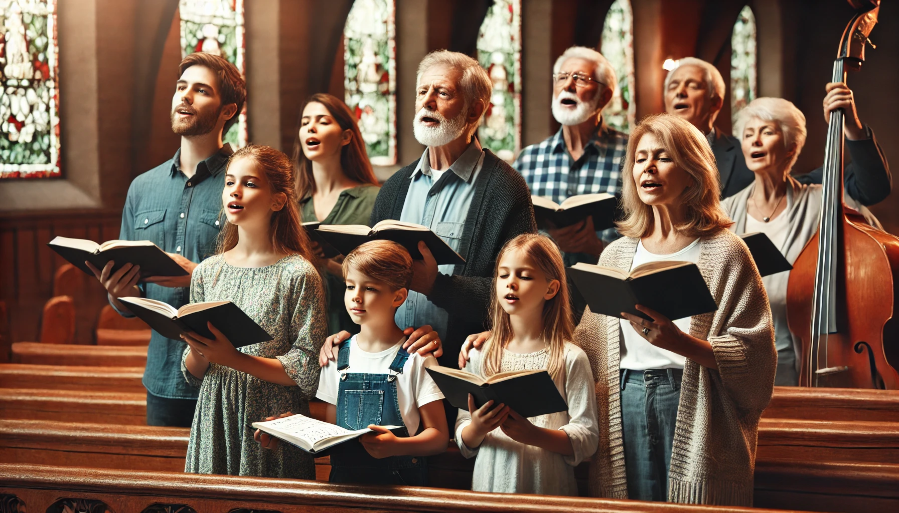 A multi-generational family in a church setting, singing hymns together with open hymn books.