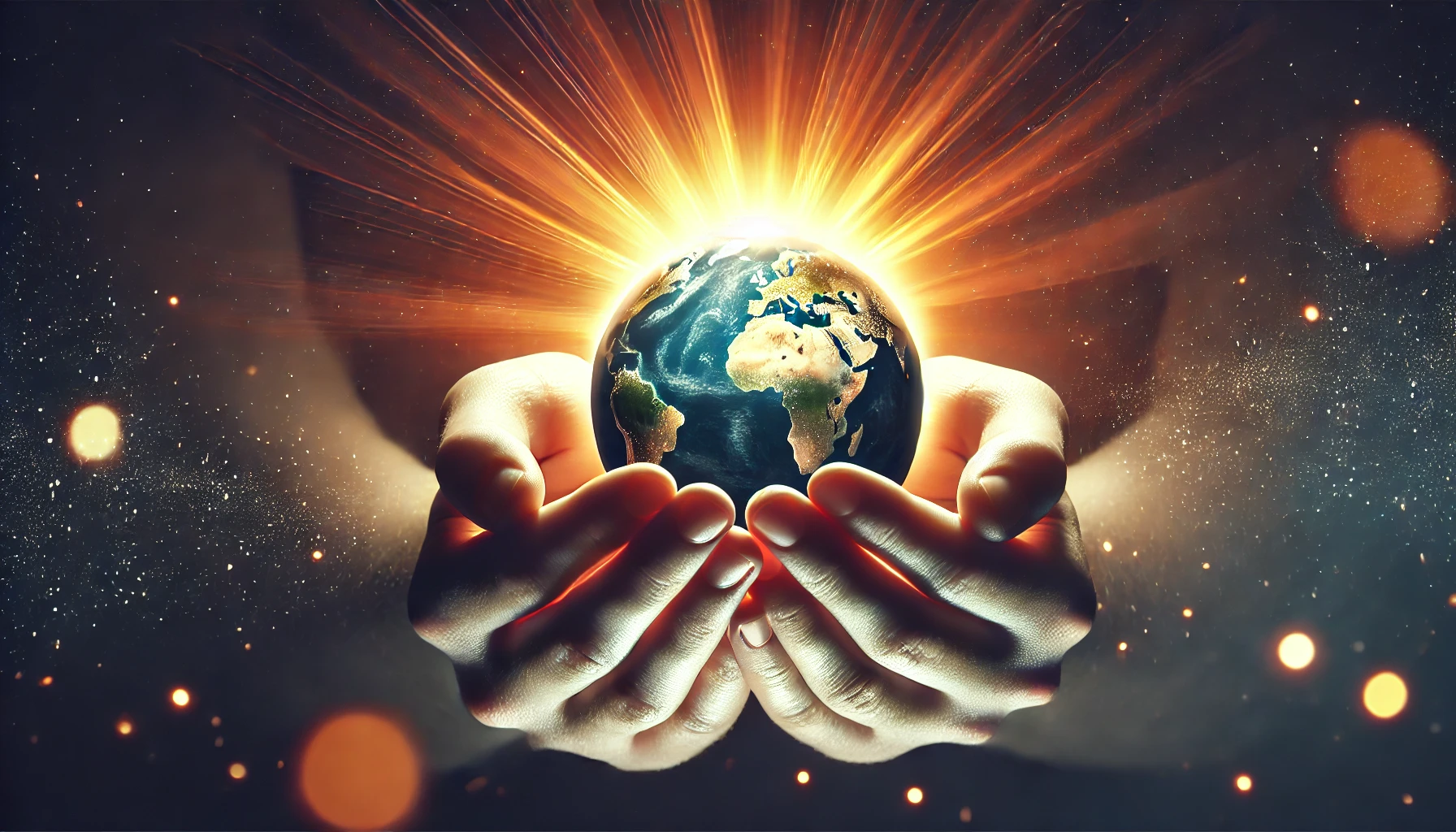 A pair of hands holding a globe with a sunrise in the background.