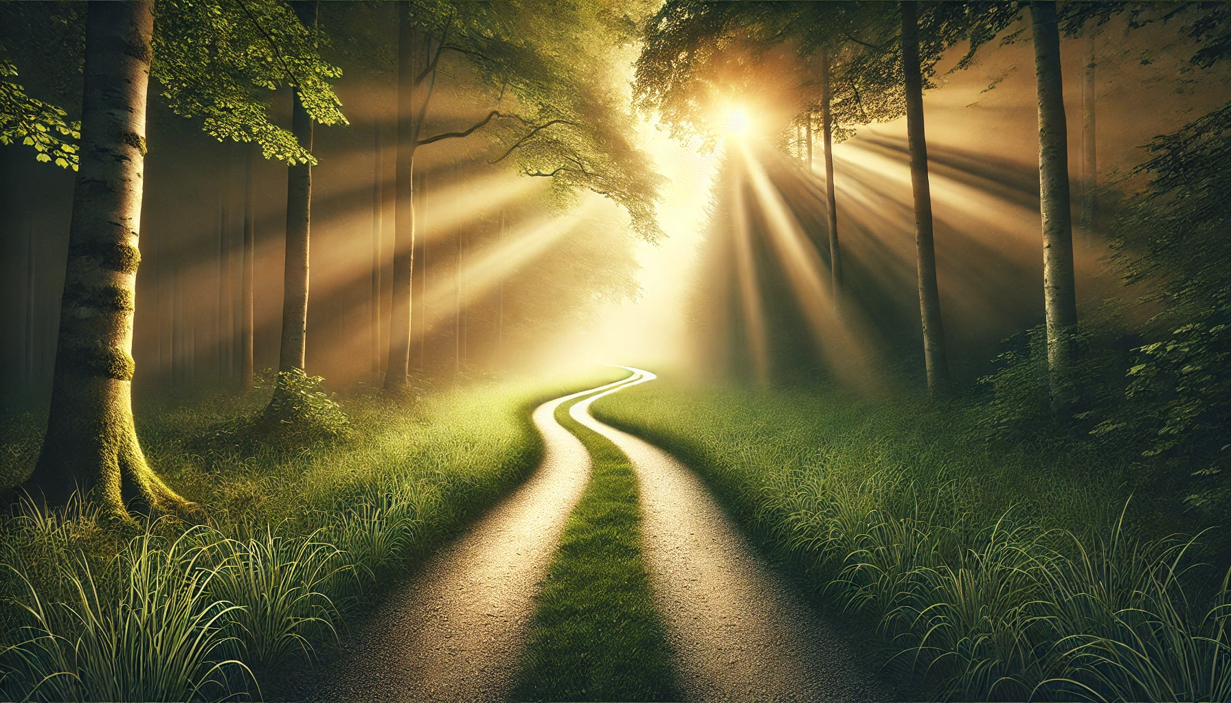 A path through a serene landscape, with sunlight breaking through trees.