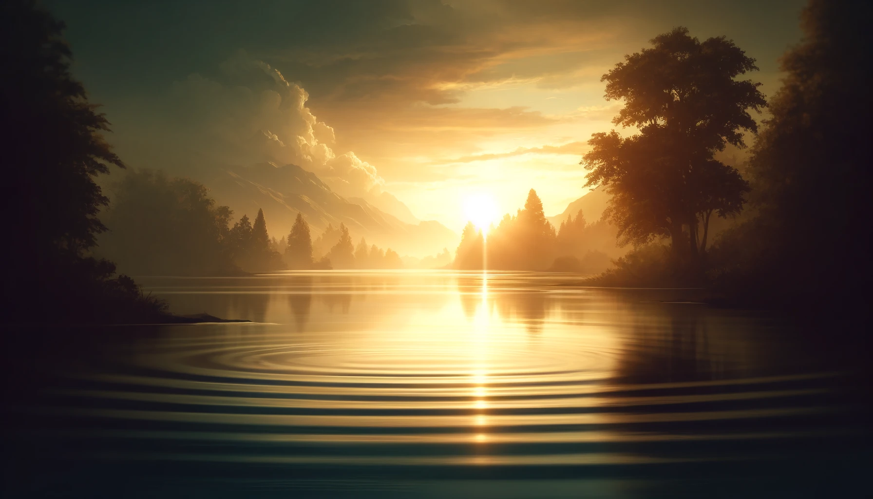 A peaceful and reflective scene of a calm lake at sunrise.