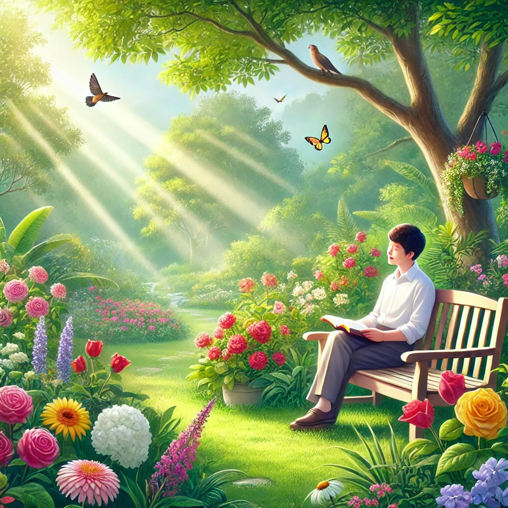 A peaceful garden scene with a person sitting on a bench, reading the Bible.