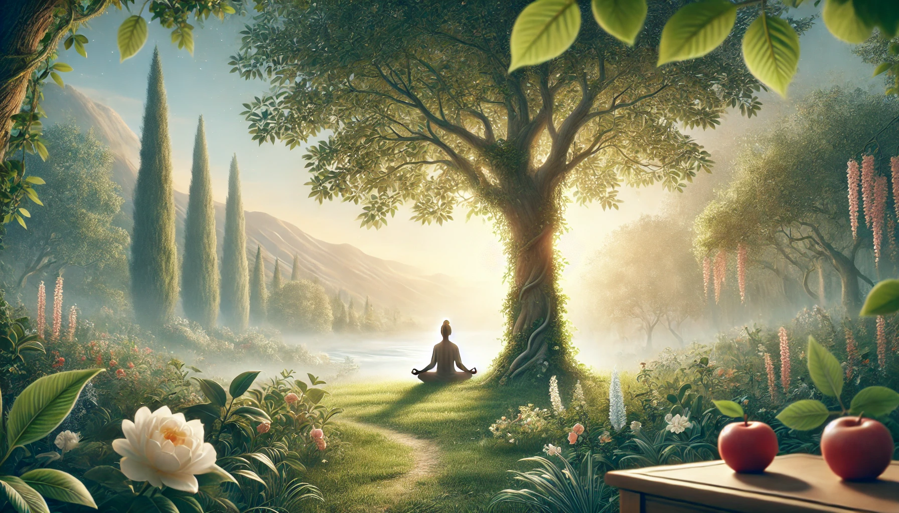 A peaceful garden with a person meditating under a tree.