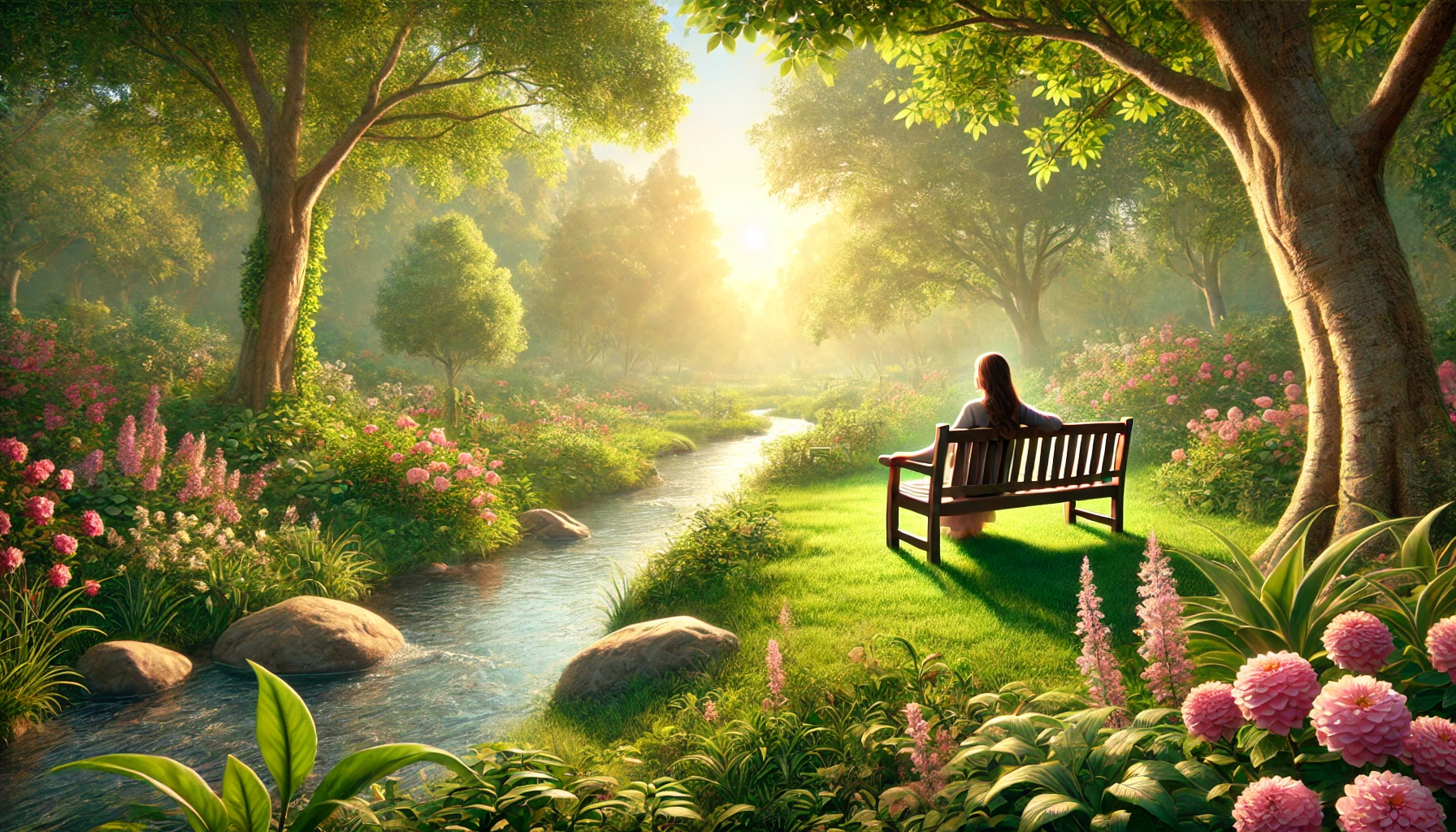 A peaceful garden with a person sitting on a bench, looking relaxed and serene.