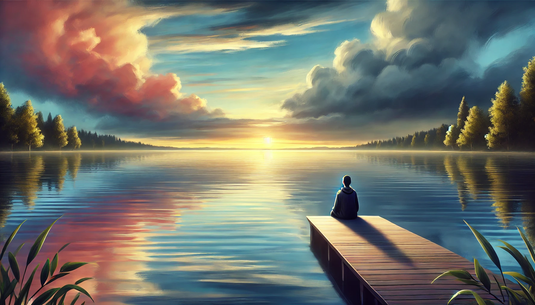 A peaceful lakeside scene with a person sitting on a dock, looking out over the calm water.