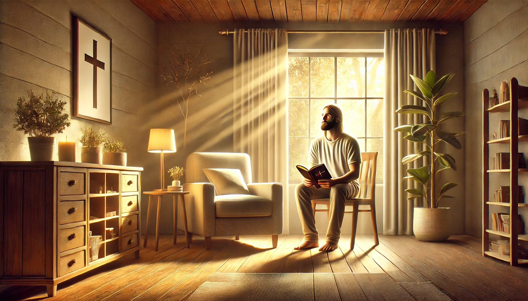 A peaceful living room with a person sitting on a comfortable chair, holding a Bible.