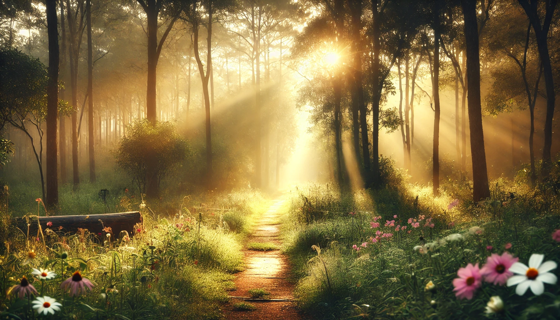 A peaceful morning forest with sunlight filtering through the trees.