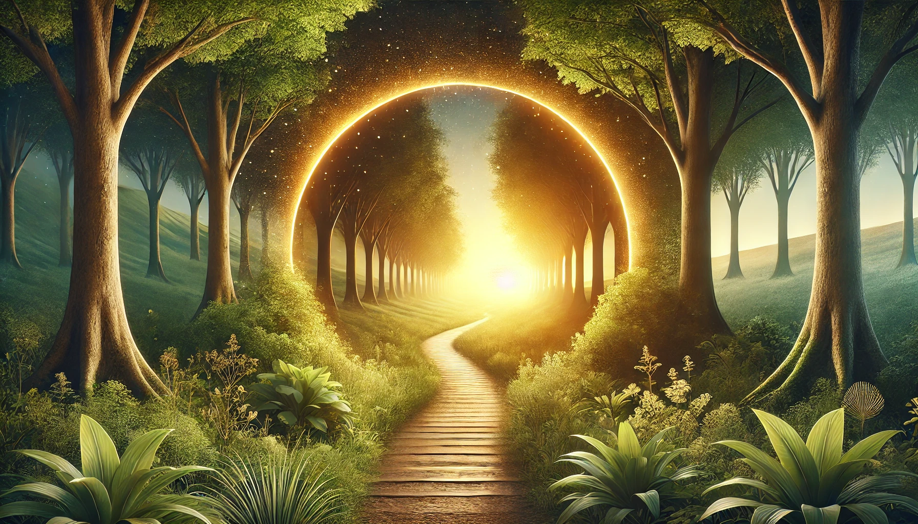 A peaceful nature scene with a golden sunrise. A narrow path leads through a lush green forest.