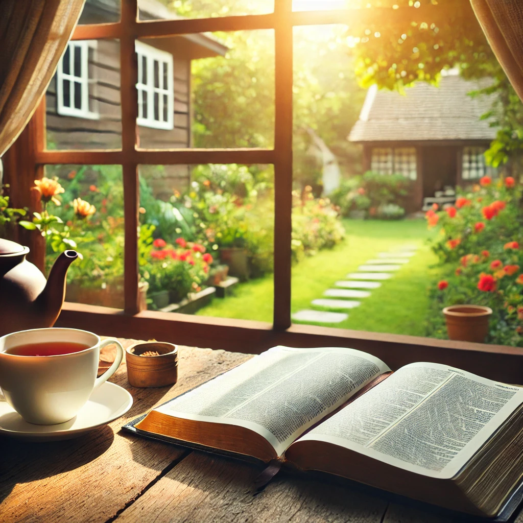 A peaceful scene of a Bible open on a wooden table with a cup of tea beside it.