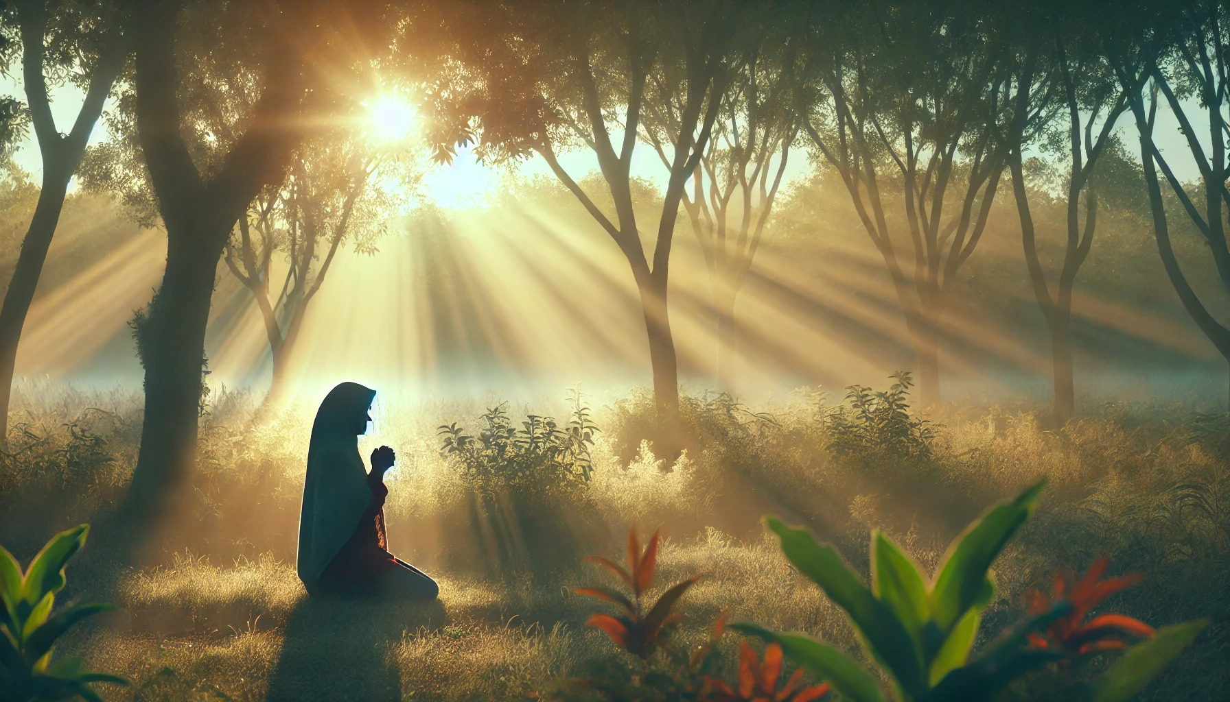 A peaceful scene of a person praying in a tranquil natural setting, with a serene expression.