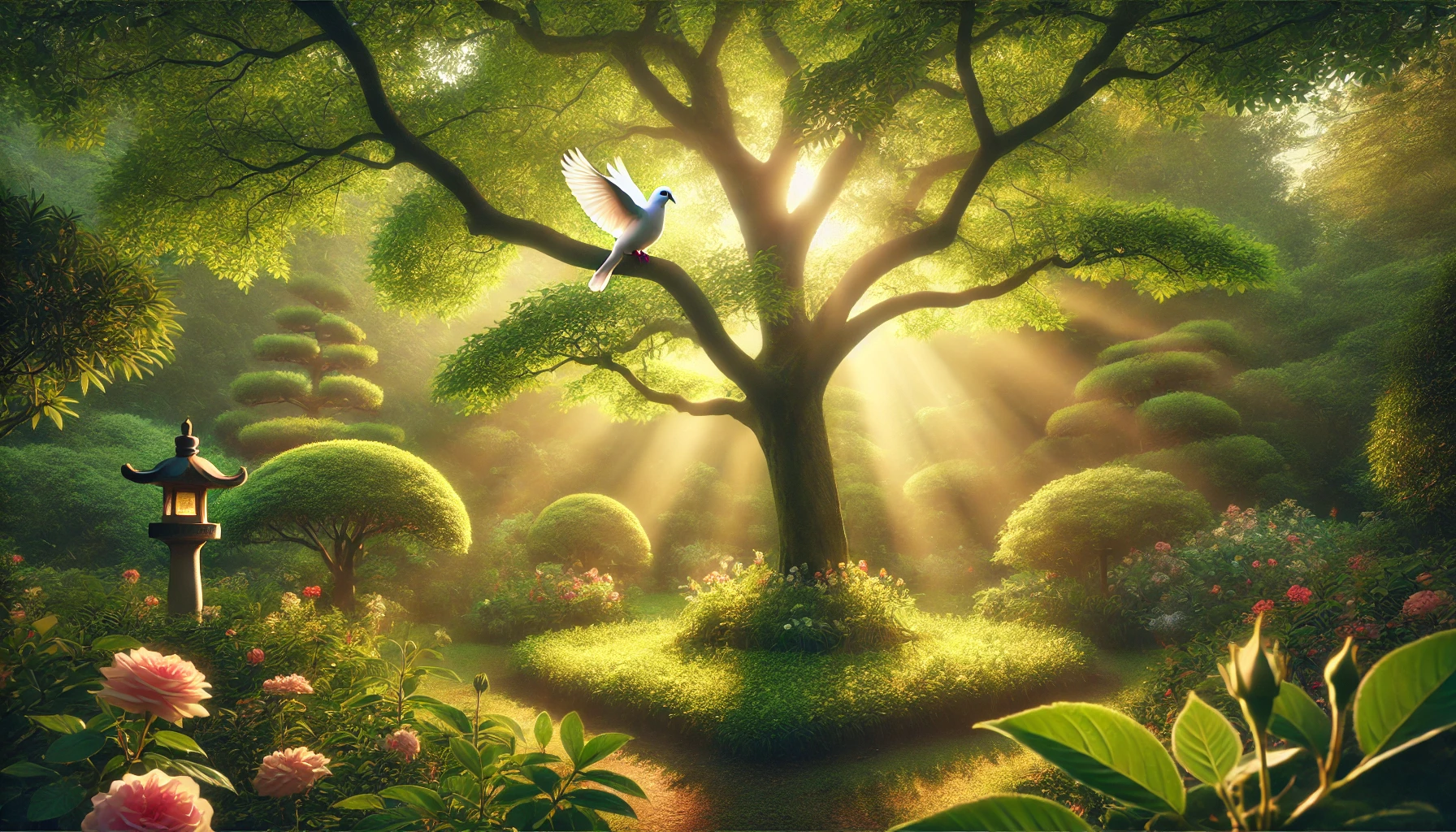 A peaceful, sunlit scene in a lush garden with a large, comforting tree.