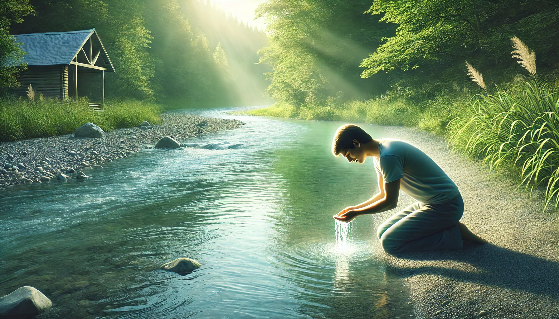 A person approaching a serene river for purification.