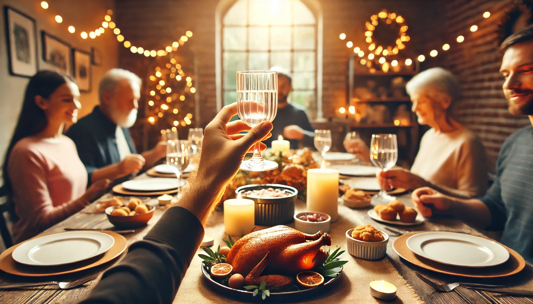 A person at a dinner table, raising a glass in a warm and cozy dining room, surrounded by friends and family.