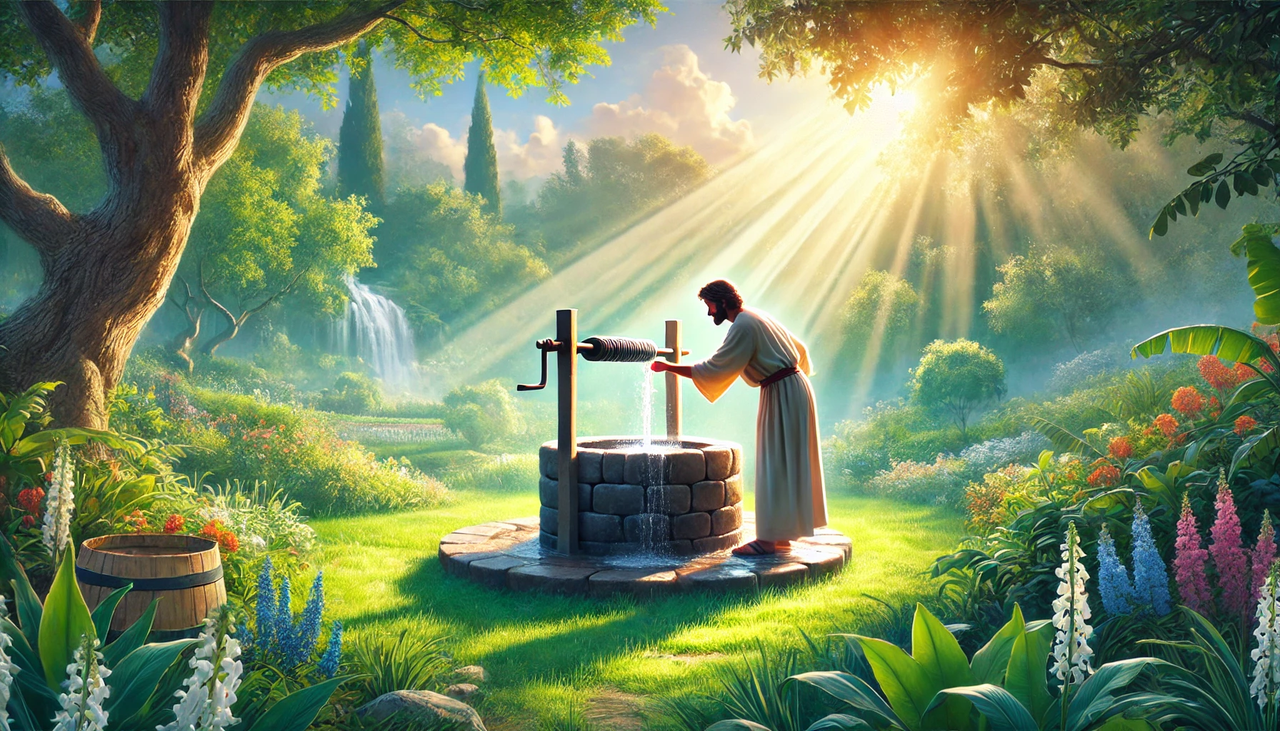 A person drawing water from a well in a lush garden.