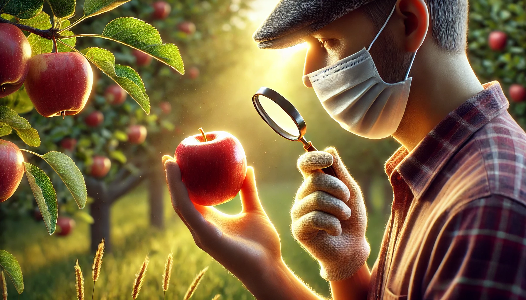 A person holding a freshly picked apple and examining it thoughtfully.