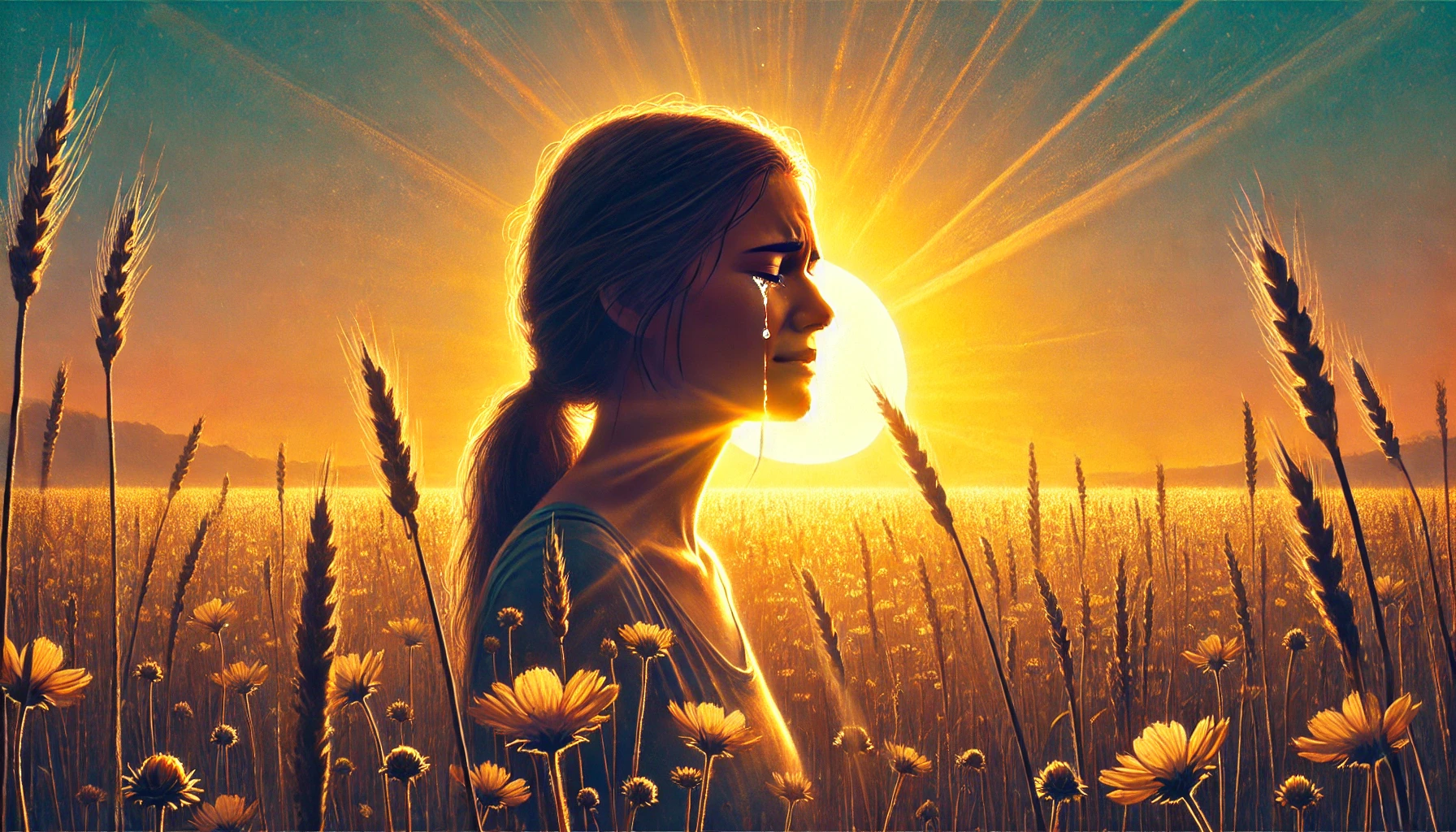 A person in a field at sunset, with tears in their eyes but a hopeful expression on their face.