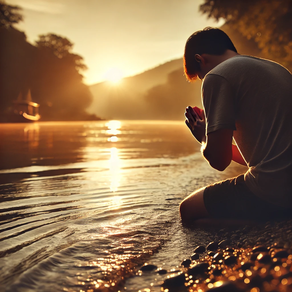 A person kneeling in prayer beside a calm river at sunrise.