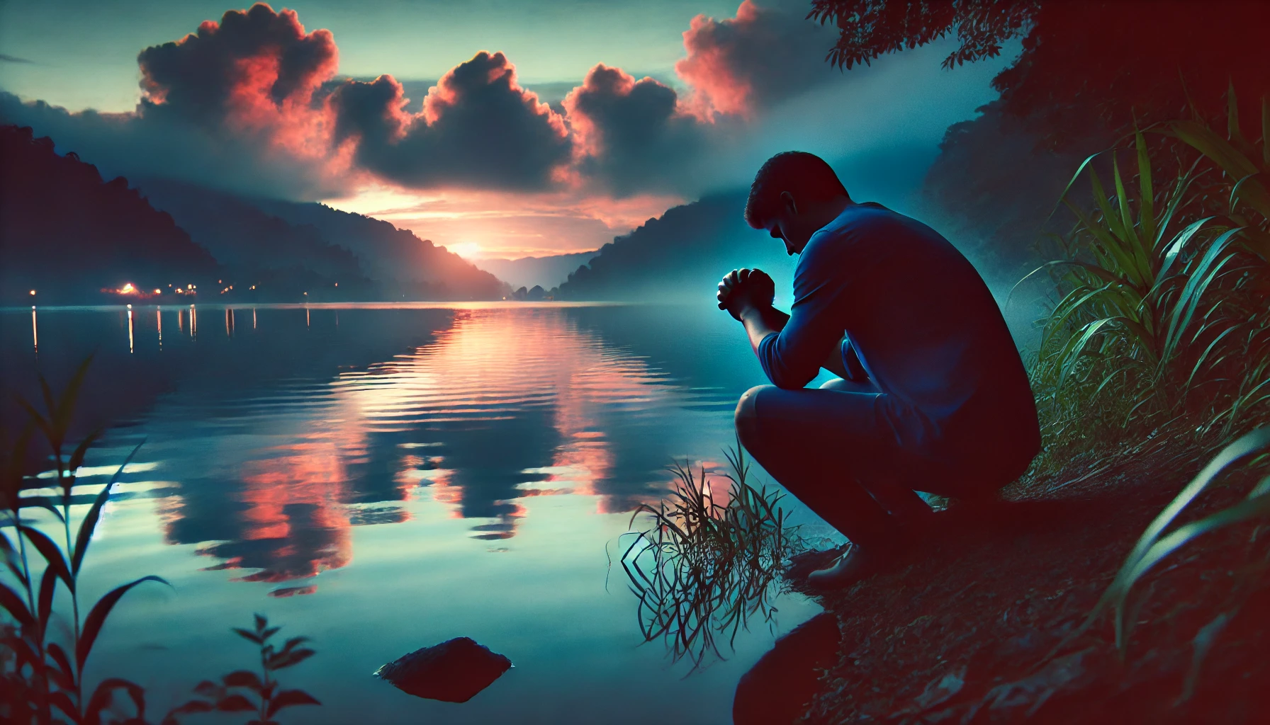 A person kneeling in prayer by a peaceful lakeside at dusk.