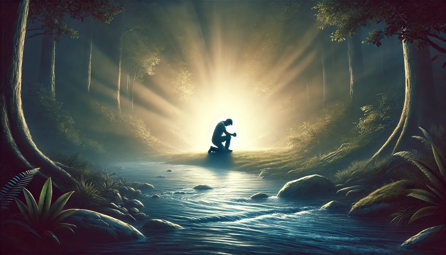 A person kneeling in prayer by a tranquil stream.