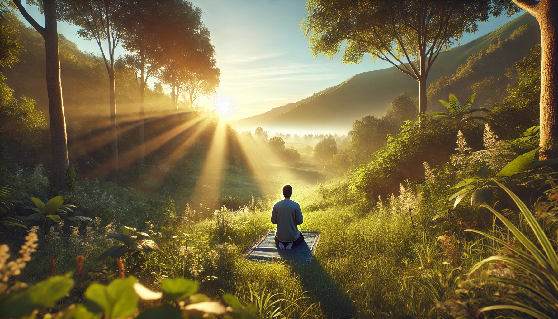 A person kneeling in prayer in a peaceful meadow at sunrise.