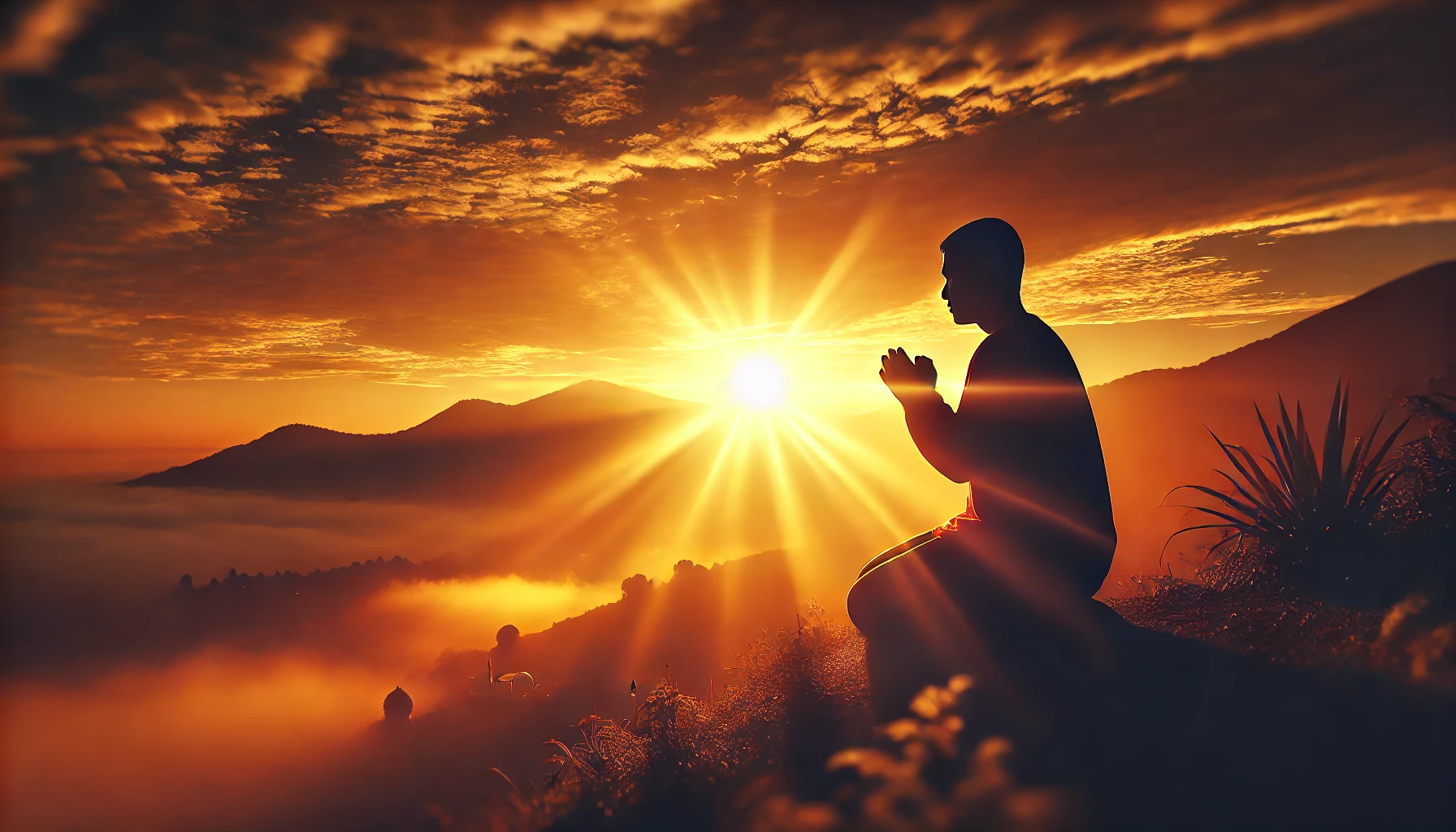 A person praying at dawn with the light of the rising sun casting a hopeful glow.