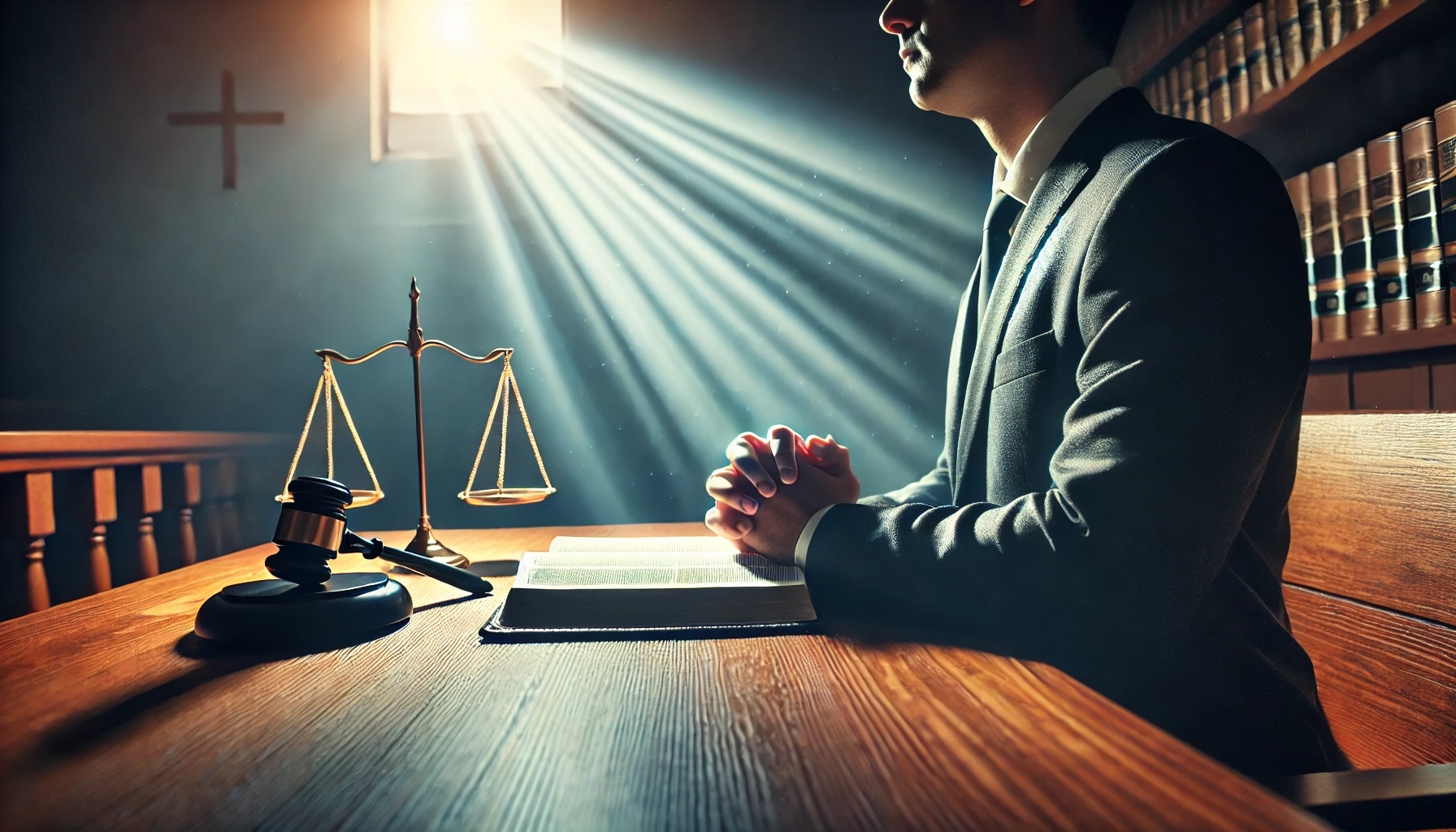 A person praying in a courtroom, light shining down on them.