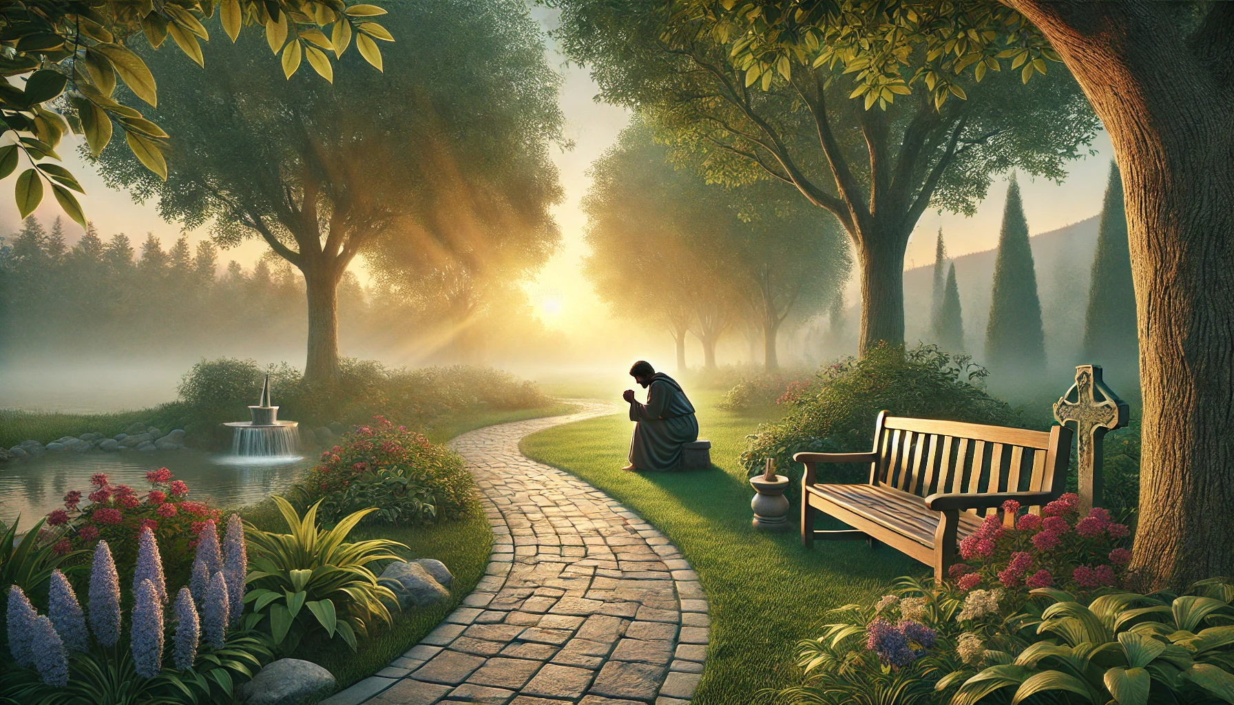 A person praying quietly in a tranquil garden at dawn.