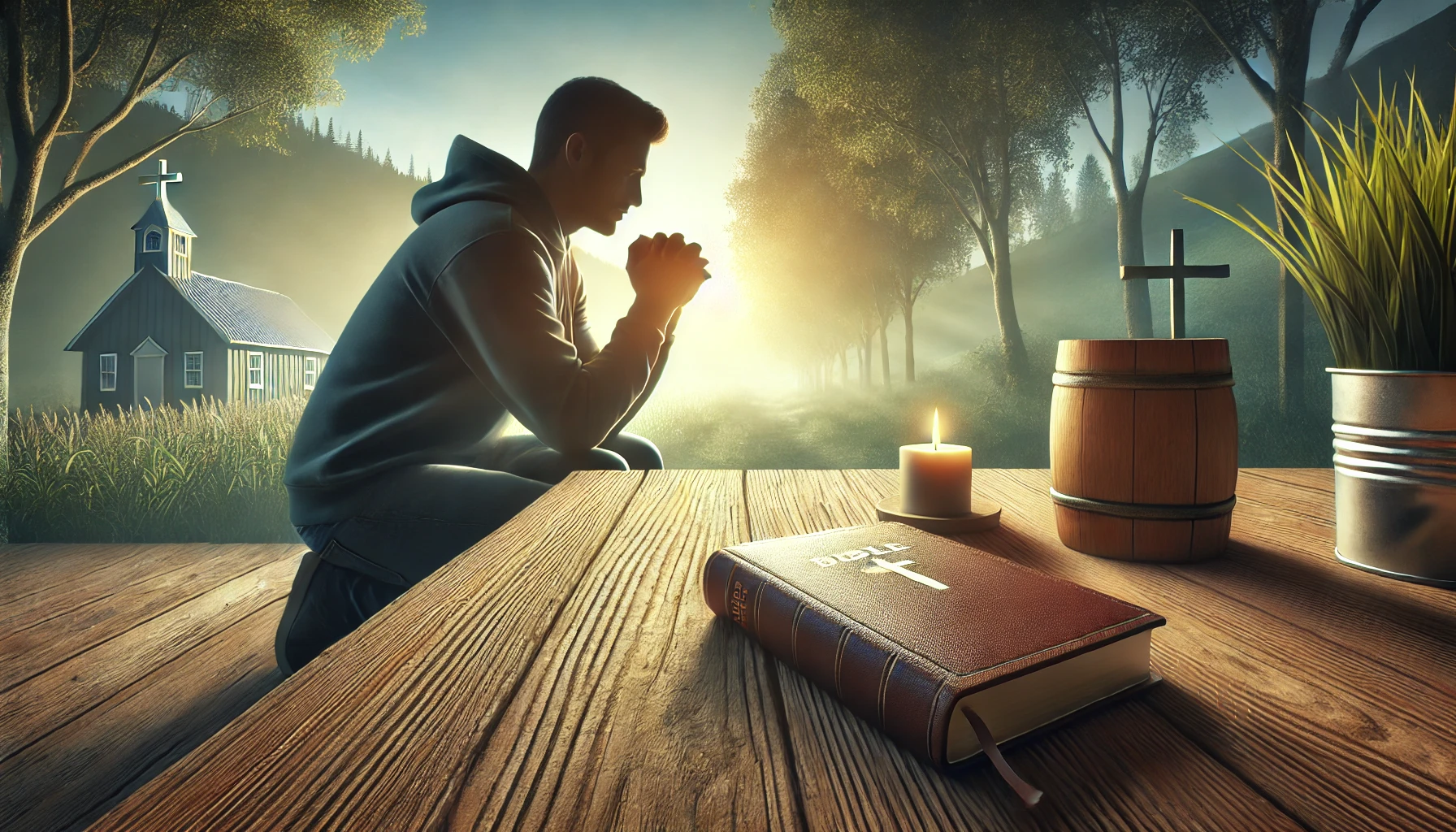 A person praying with an open Bible beside them.