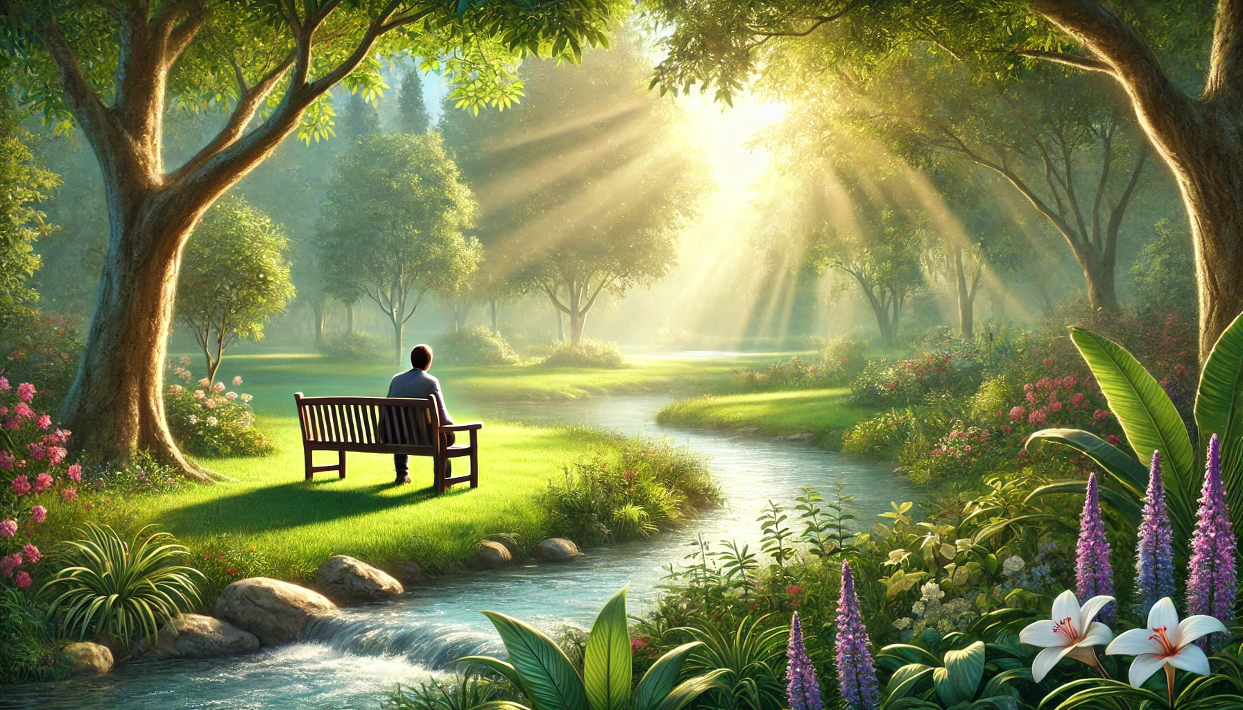 A person sitting alone on a bench in a serene park, with a calm and contemplative expression.