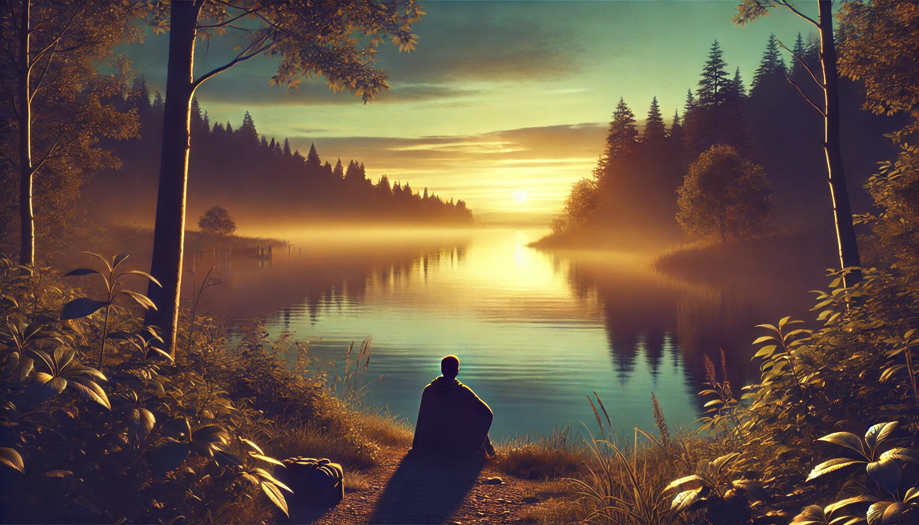 A person sitting by a peaceful lakeside at sunset, surrounded by nature.