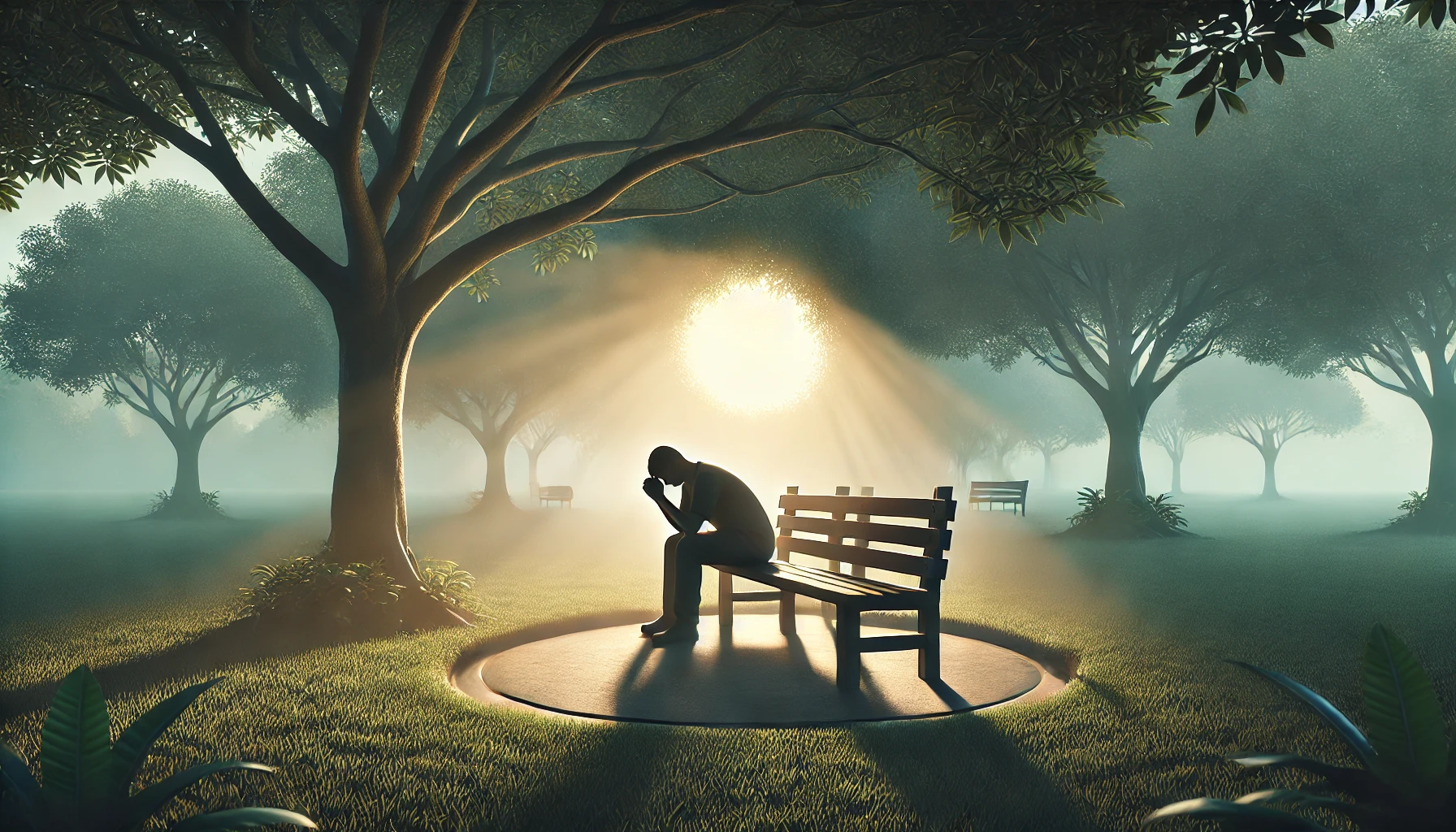 A person sitting on a bench in a serene park, casting their burden onto the Lord in prayer.