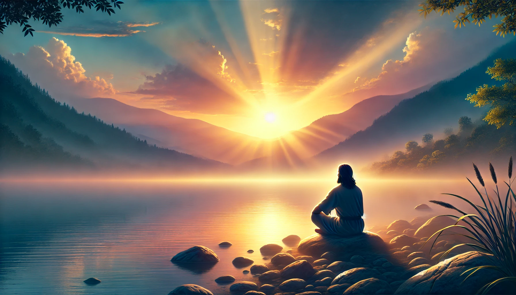 A person sitting peacefully by a calm lake at sunset, with a serene expression and a gentle breeze.