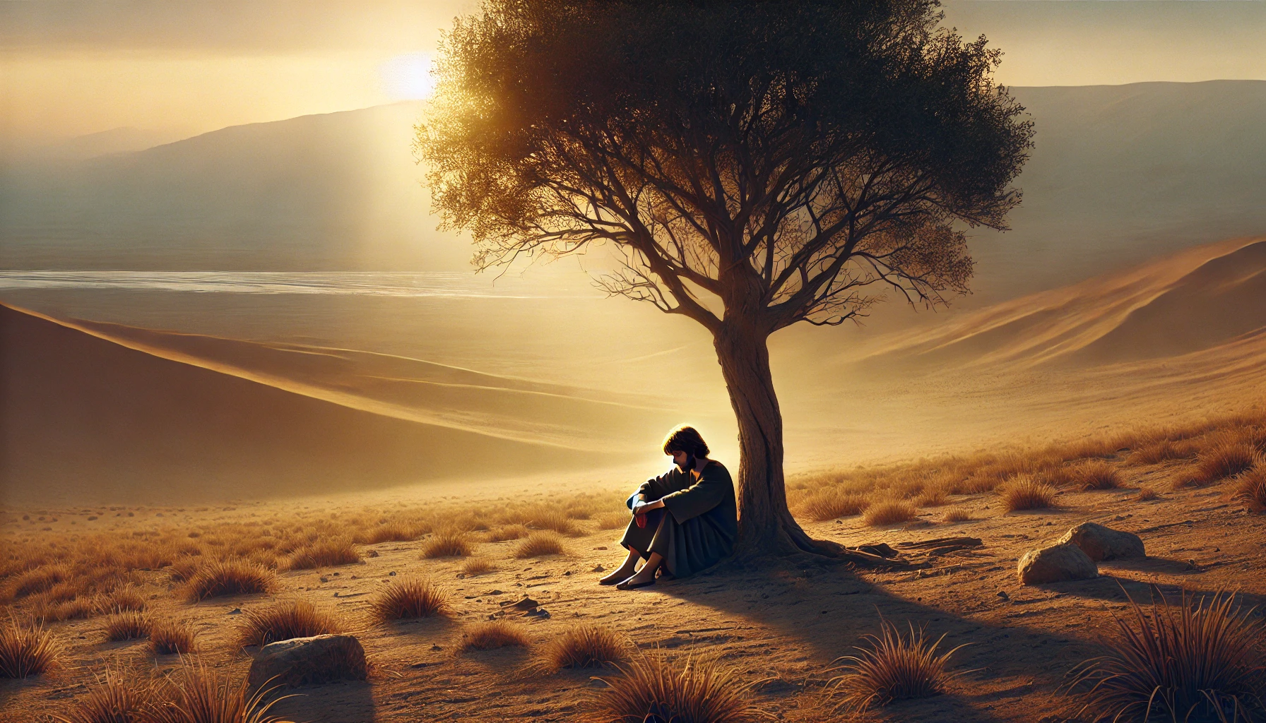 A person sitting under a solitary tree in a desert landscape, looking exhausted and despondent.