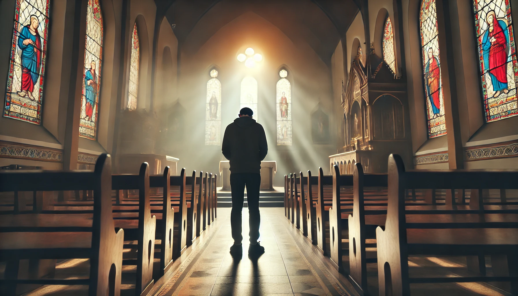 A person standing alone in a quiet church, head bowed in prayer.