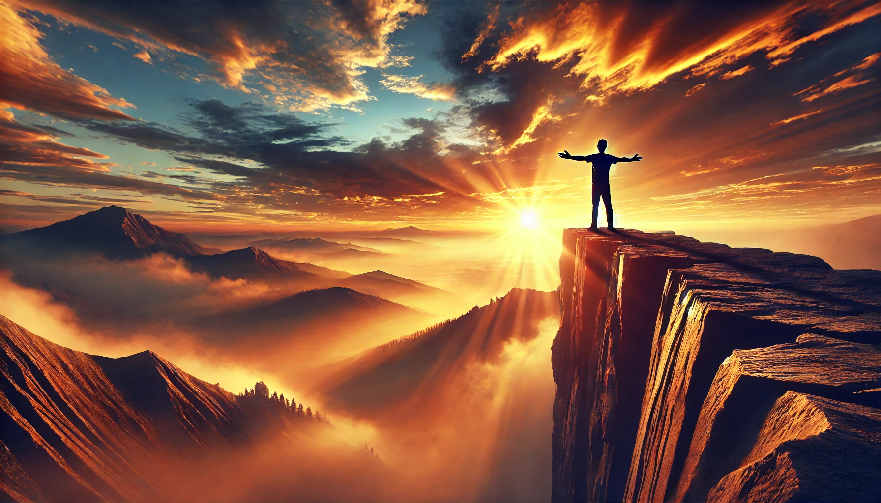 A person standing at the edge of a cliff, arms outstretched towards the sky.