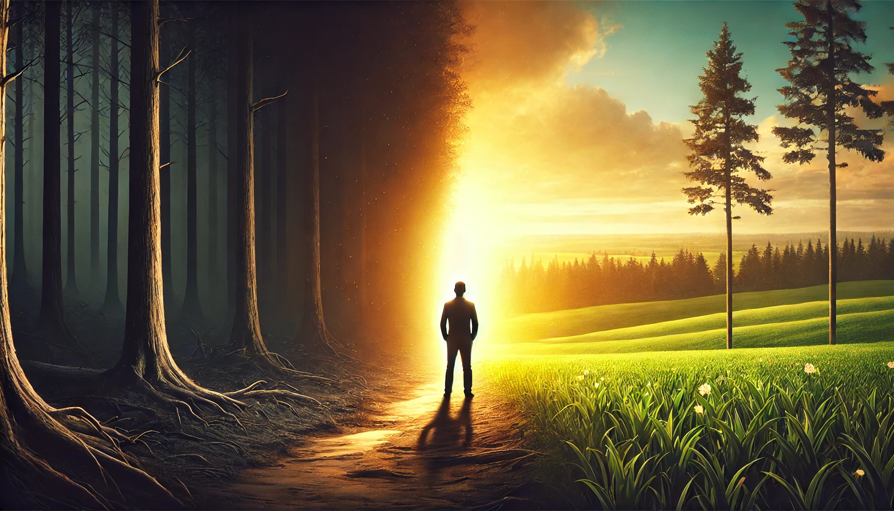 A person standing at the edge of a dark forest, looking towards a bright, golden horizon.