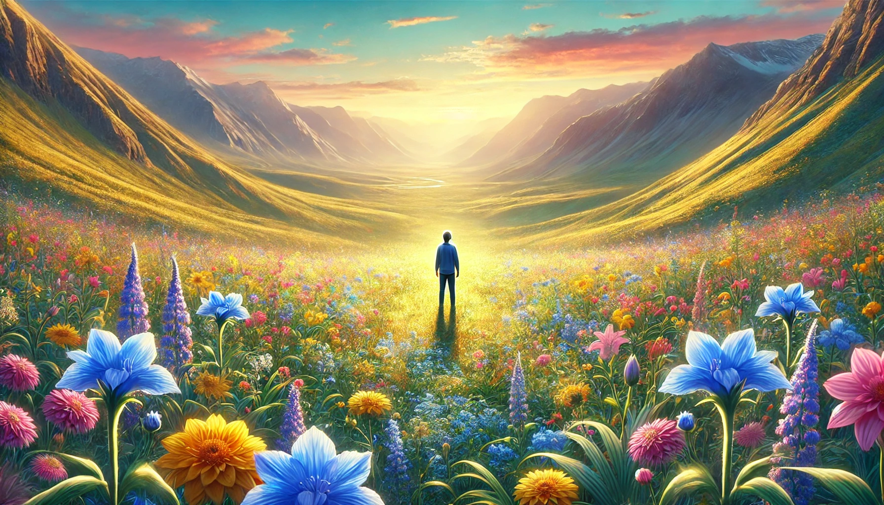 A person standing in a beautiful natural landscape, such as a field of wildflowers.