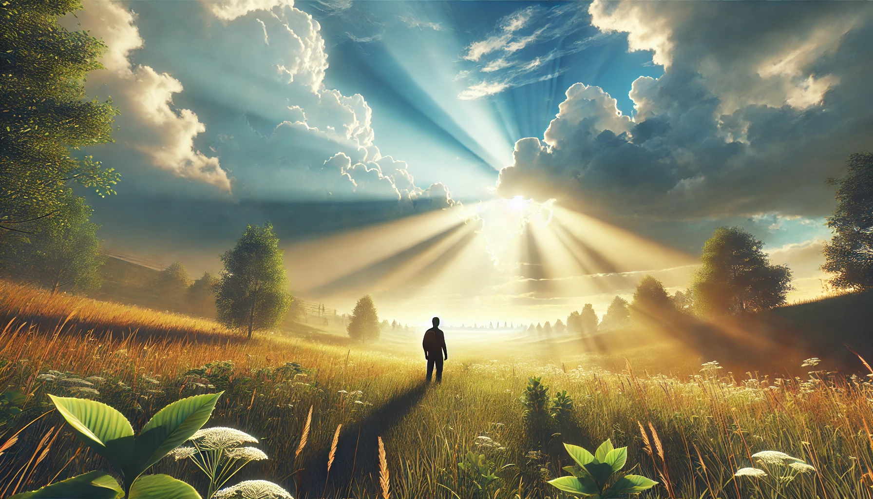 A person standing in a serene meadow with sunlight breaking through the clouds.