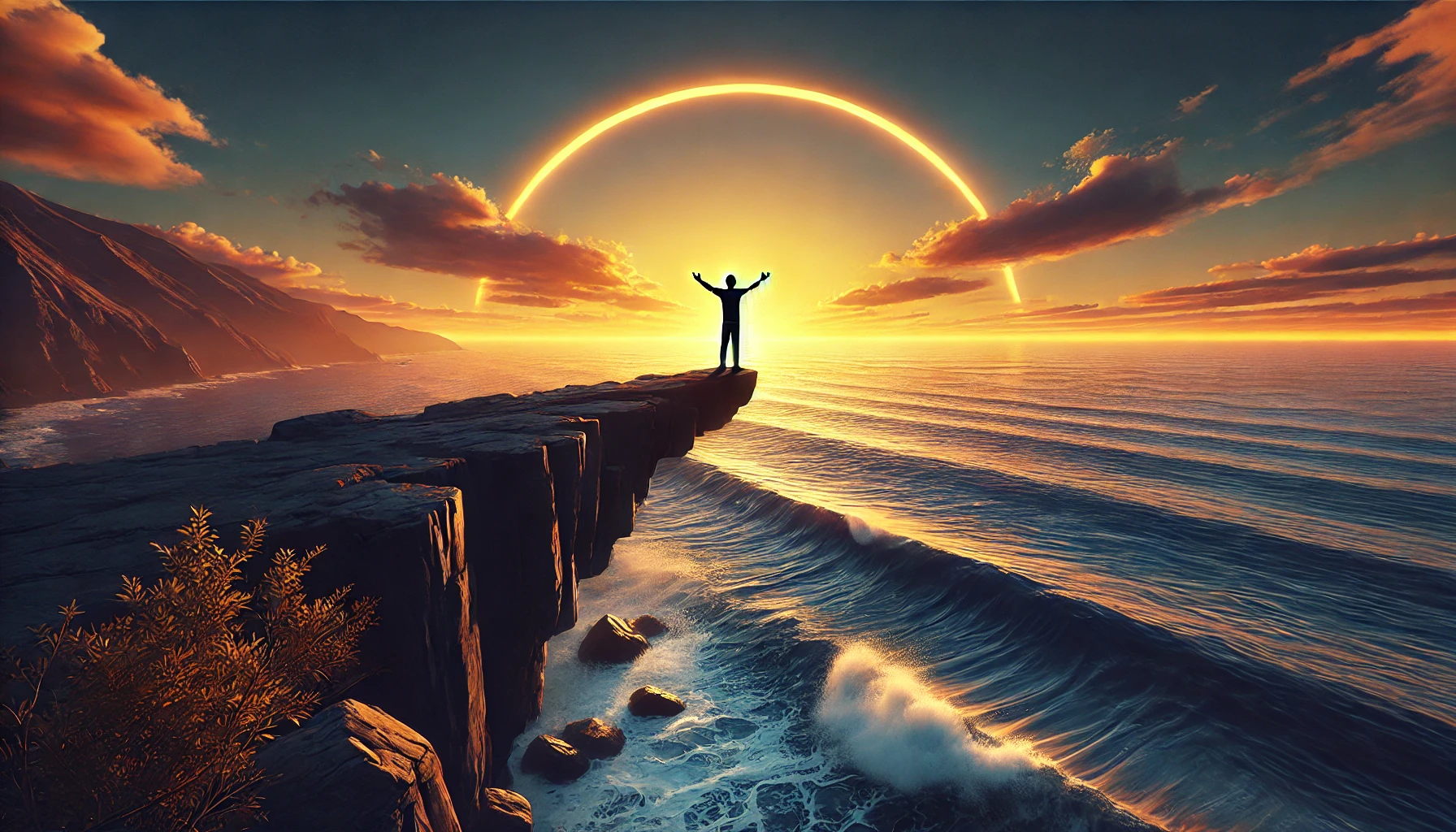 A person standing on a cliff overlooking the ocean at sunset, casting their anxieties into the vast sea.