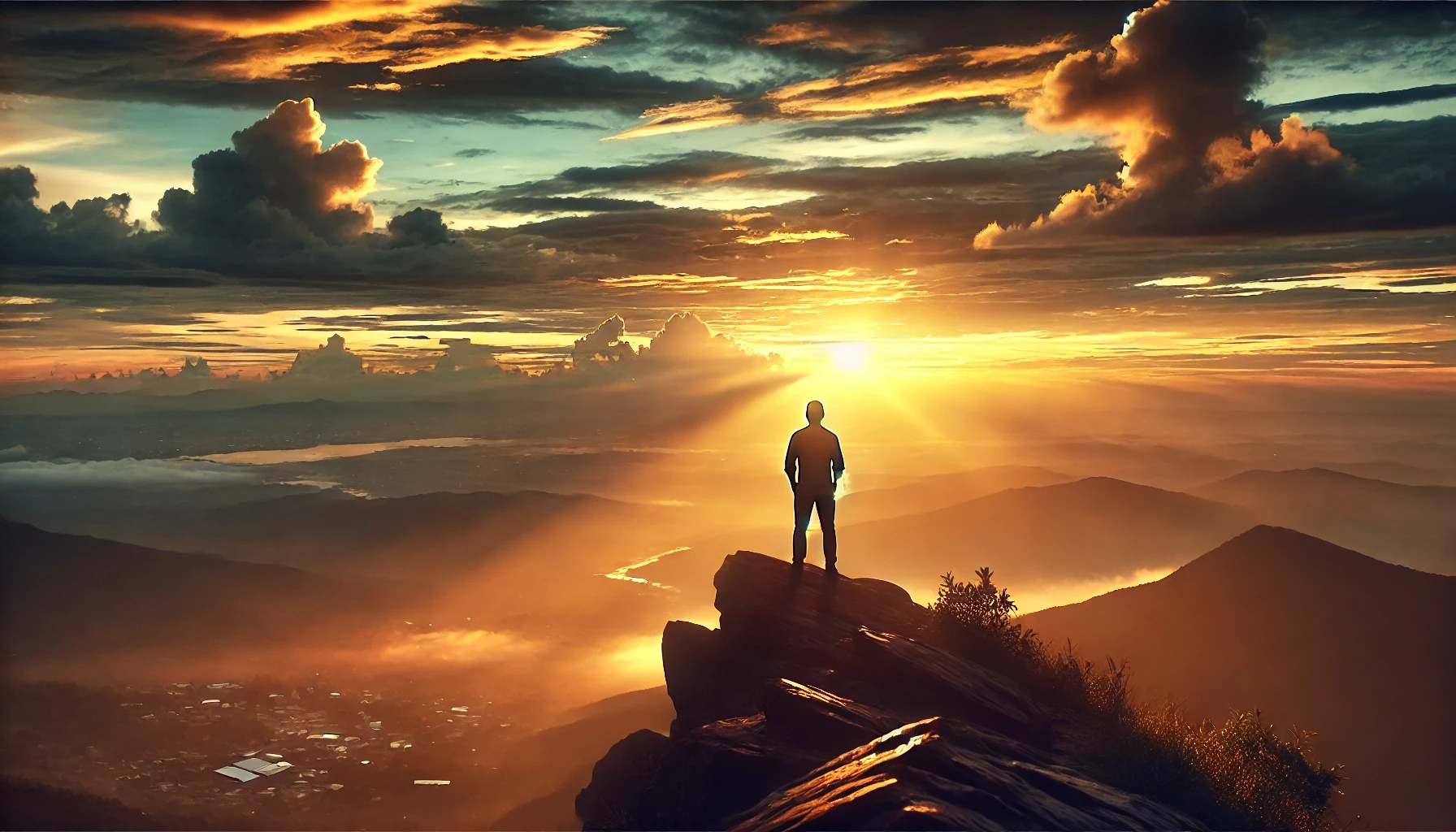 A person standing on a hilltop at sunrise, looking towards the horizon with a sense of hope and determination.