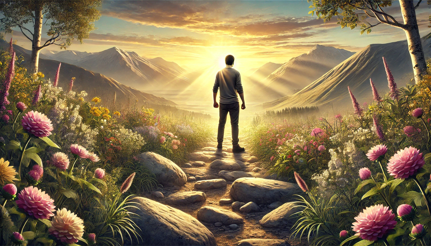 A person standing on a rocky path surrounded by a beautiful landscape of mountains and flowers.