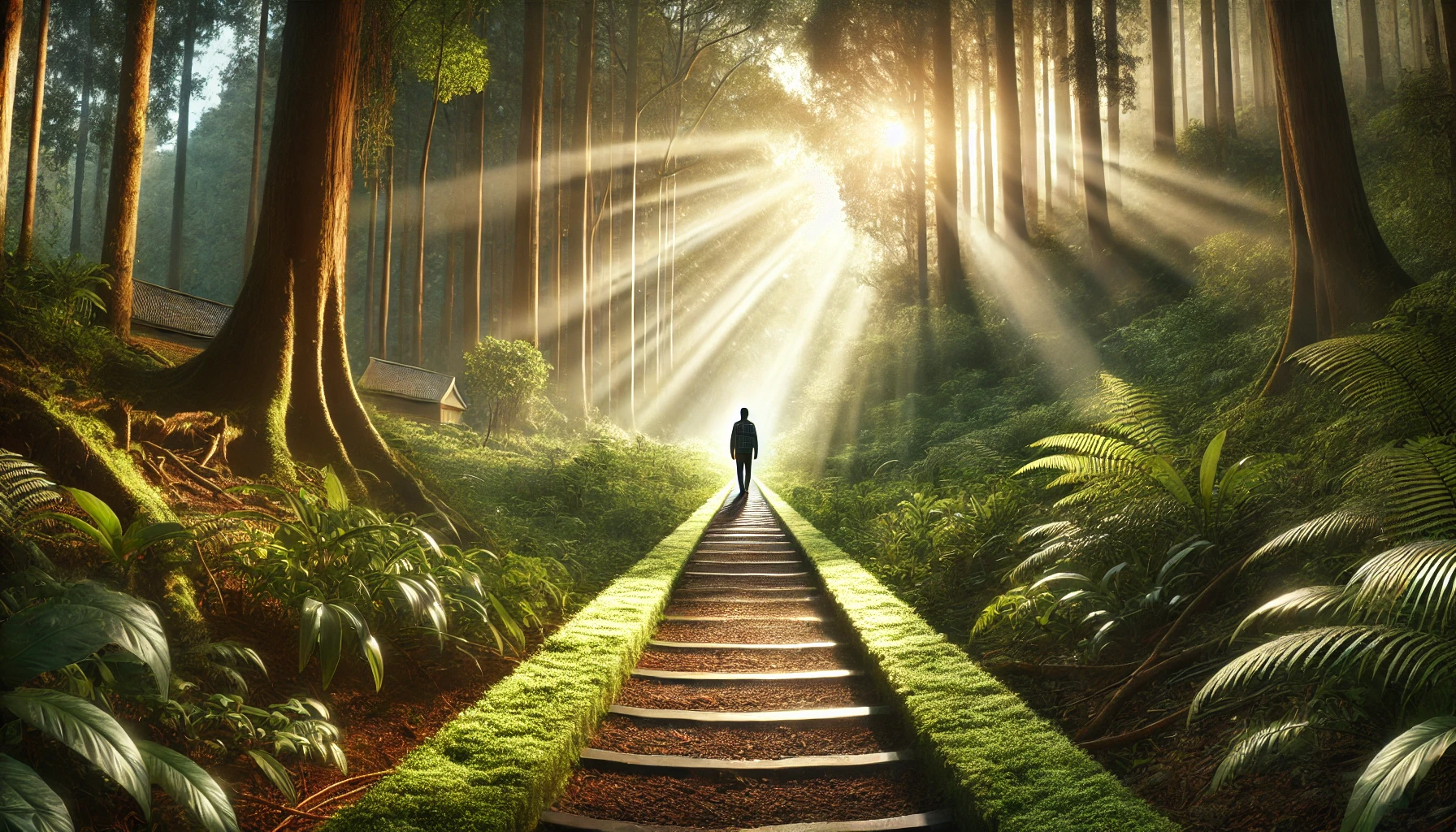 A person walking on a clear, level path through a lush forest.