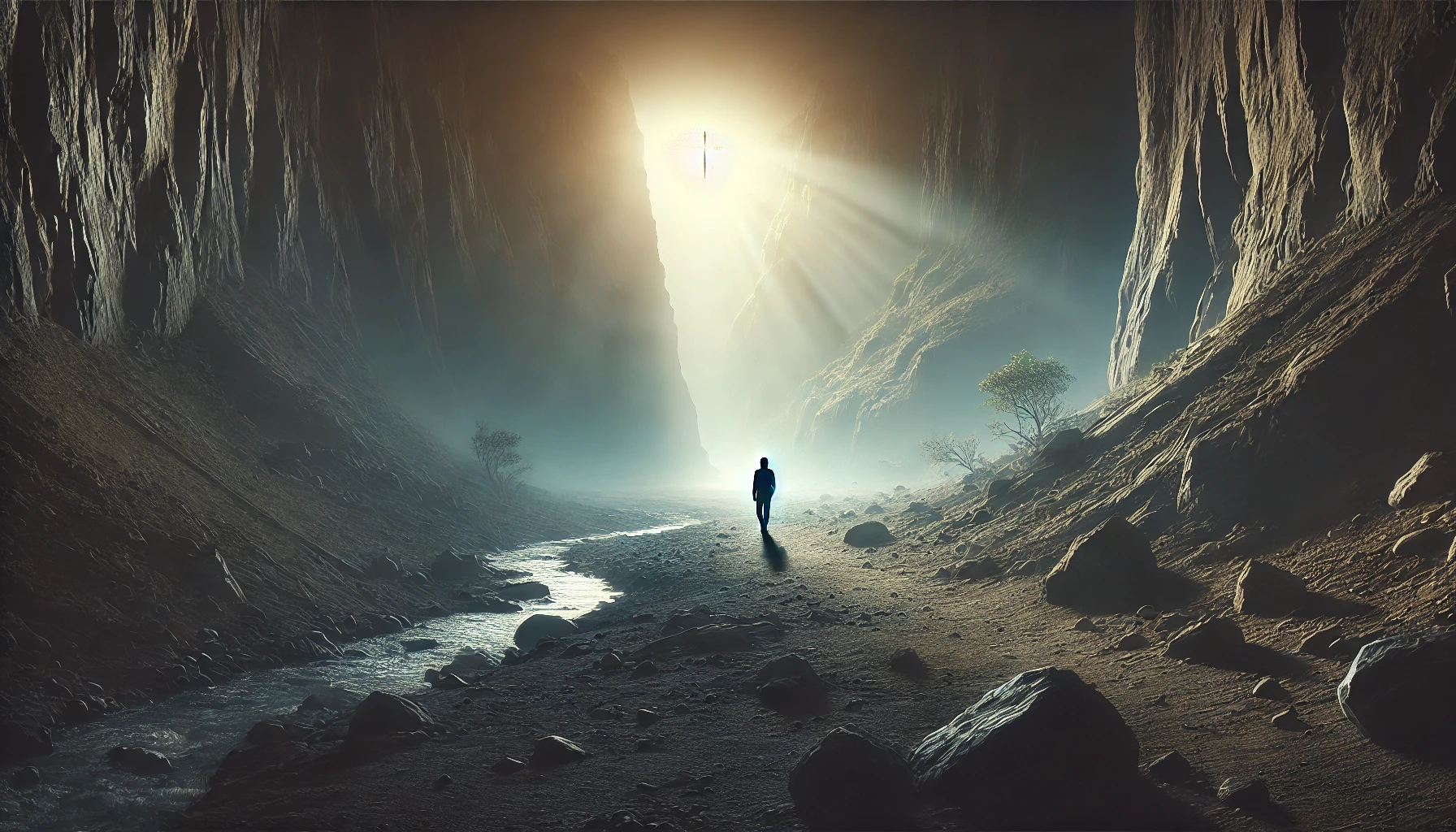 A person walking through a dark valley with a light shining from above.