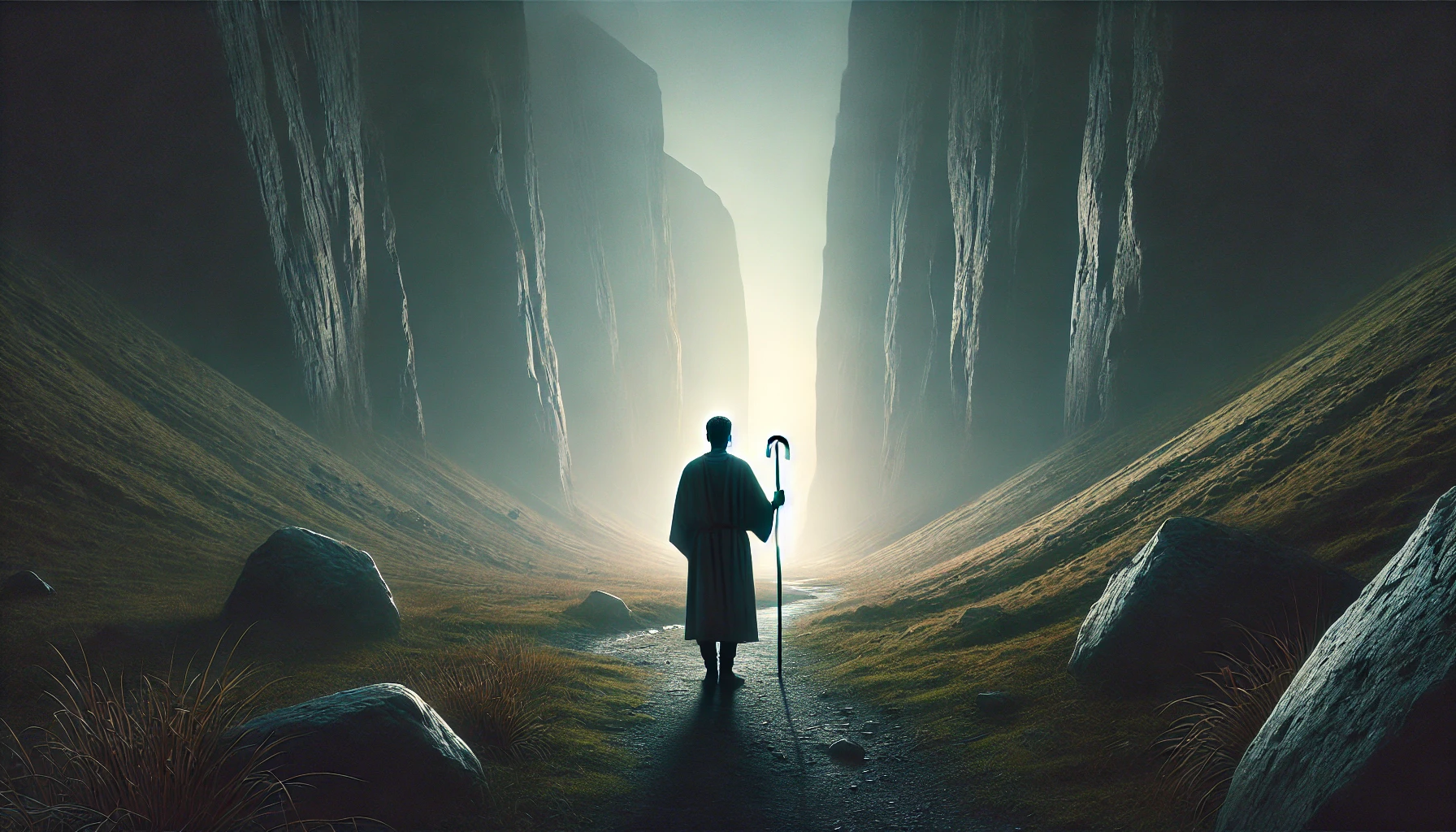 A person walking through a dark valley with a serene expression, holding a shepherd's staff.