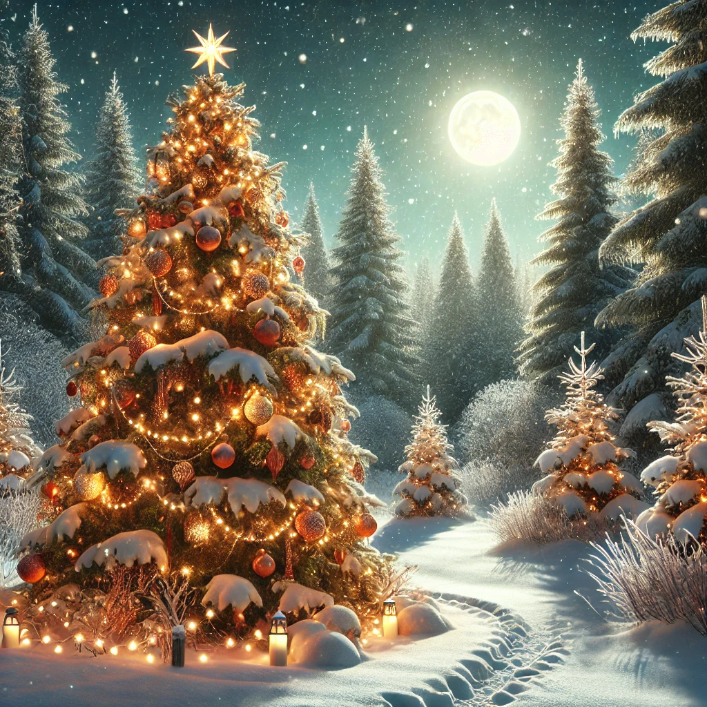 A picturesque outdoor scene of a Christmas tree in a snowy forest.