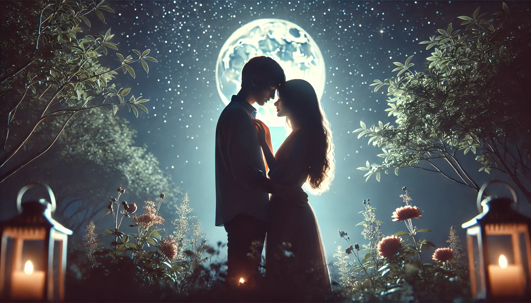 A romantic evening setting with a couple embracing each other under a starlit sky.