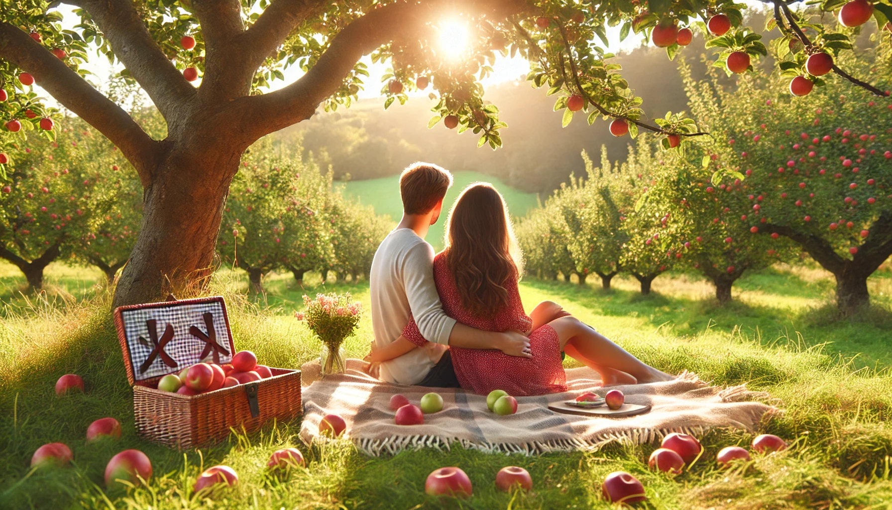 A romantic picnic scene under an apple tree in a beautiful orchard.