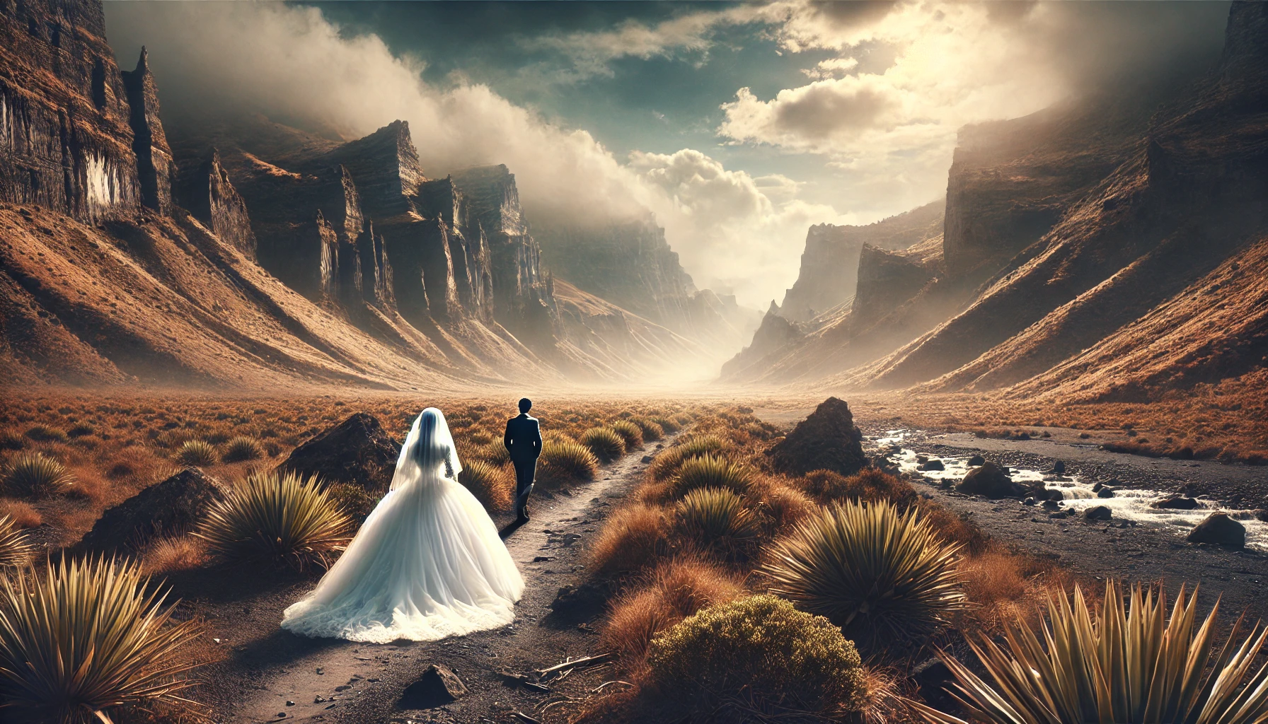 A scene in the wilderness with a bride dressed in white following a path.