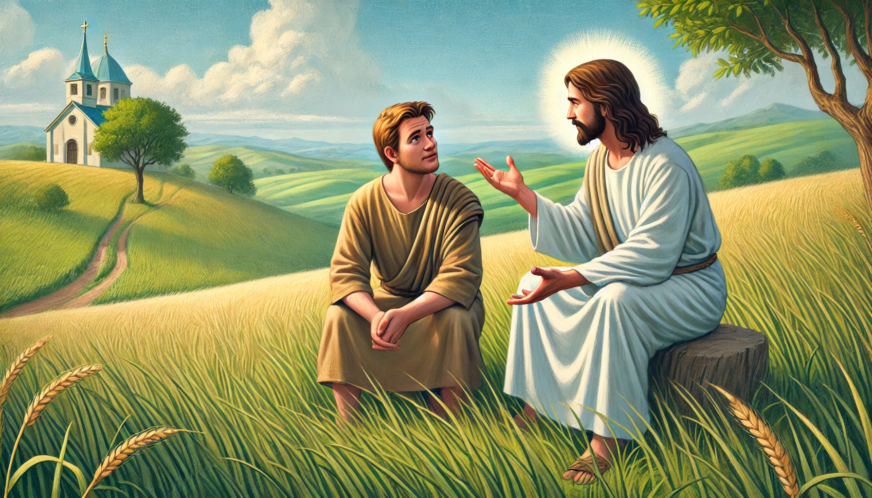 A scene of Peter and Jesus having a conversation in an open field.